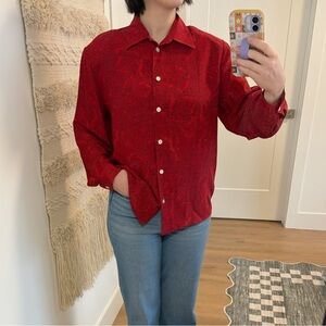 Vintage Red Maple Leaf Print Silk Blouse Size 14 Large